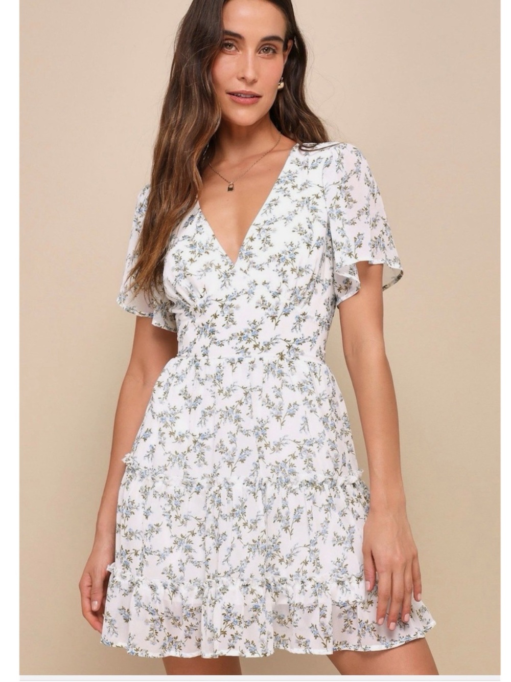 Lulus Lush White Mini Dress Floral Print Ruffled Tiered Short Boho V-neck Medium